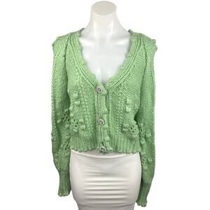 Sunday Up Green V Neck Popcorn Crochet Knit Button Down Cardigan Sweater Top S